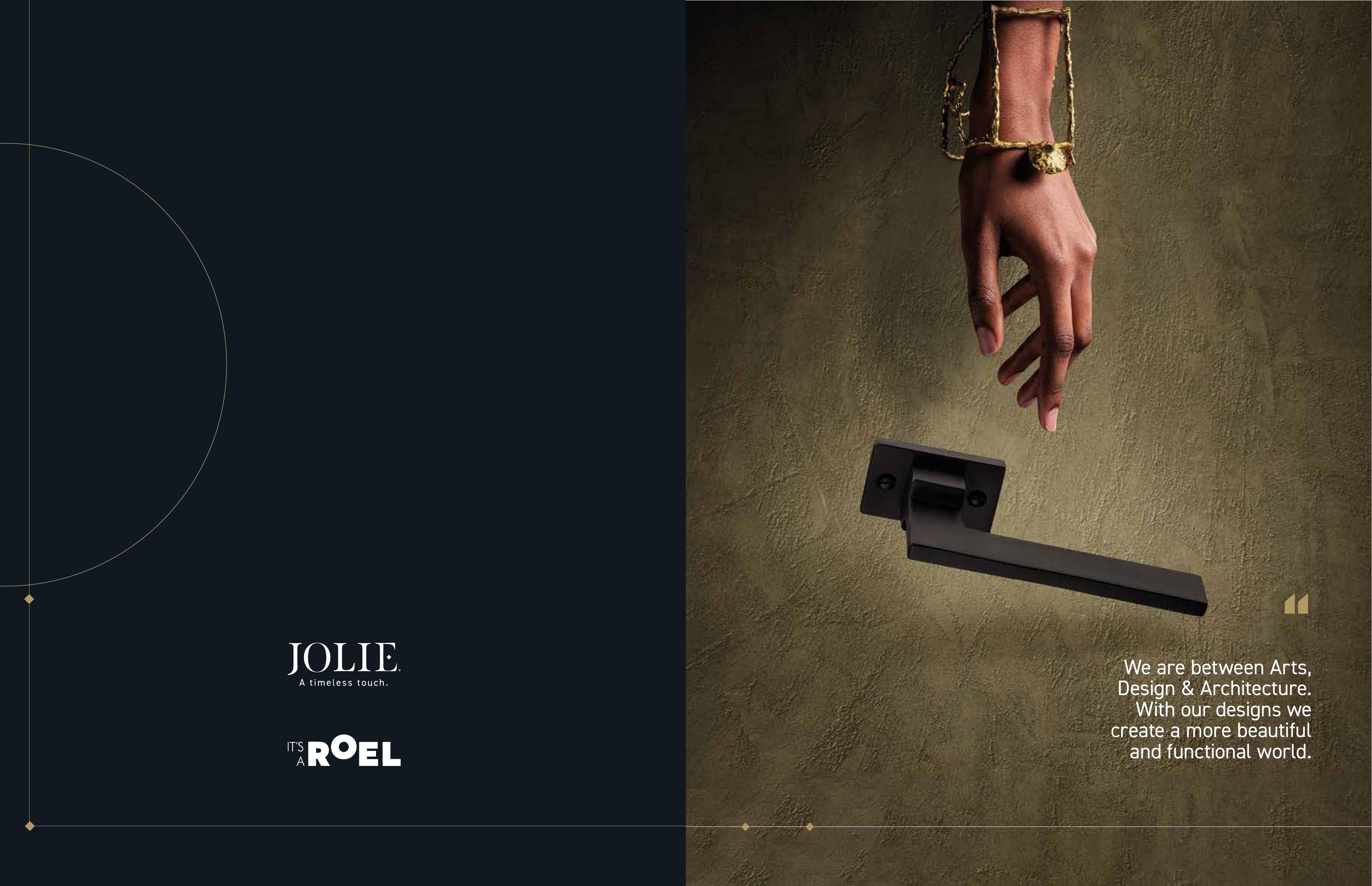 JOLIE Katalog — Architectural hardware handmade by artisans. Cover mit schwarzem Türdrücker auf goldenem Hintergrund