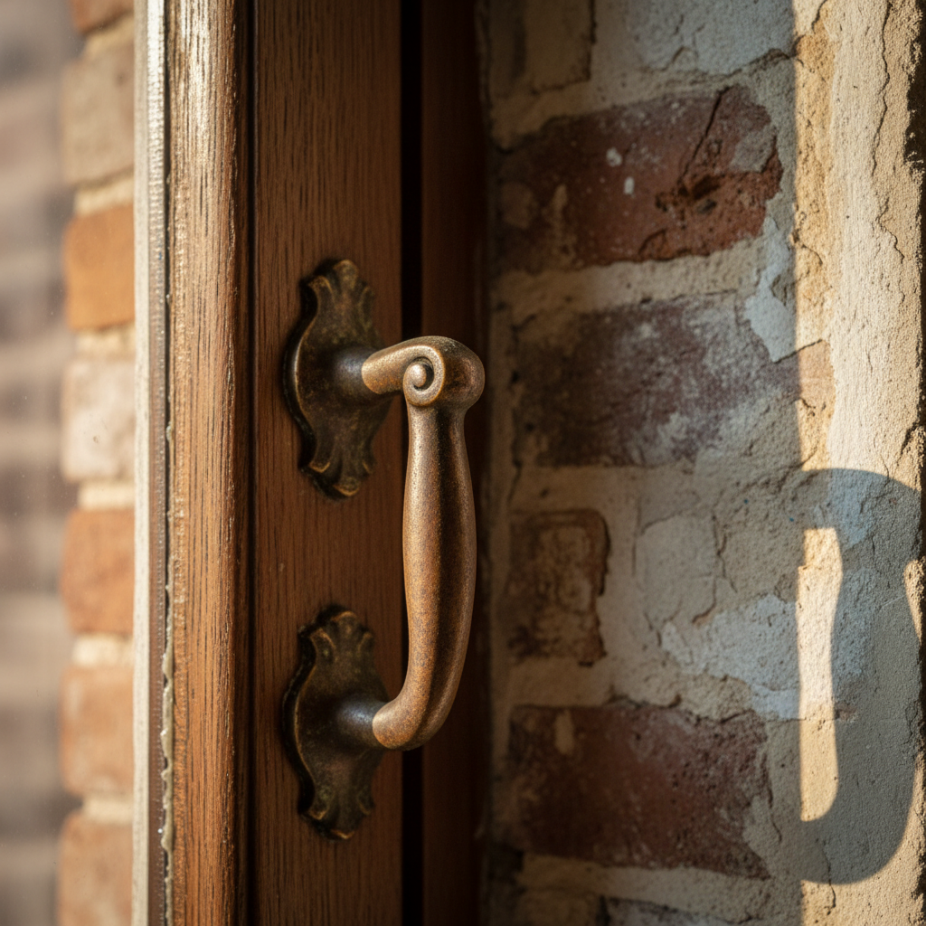 JOLIE Aged Bronze Fenstergriff an historischem Holzfenster